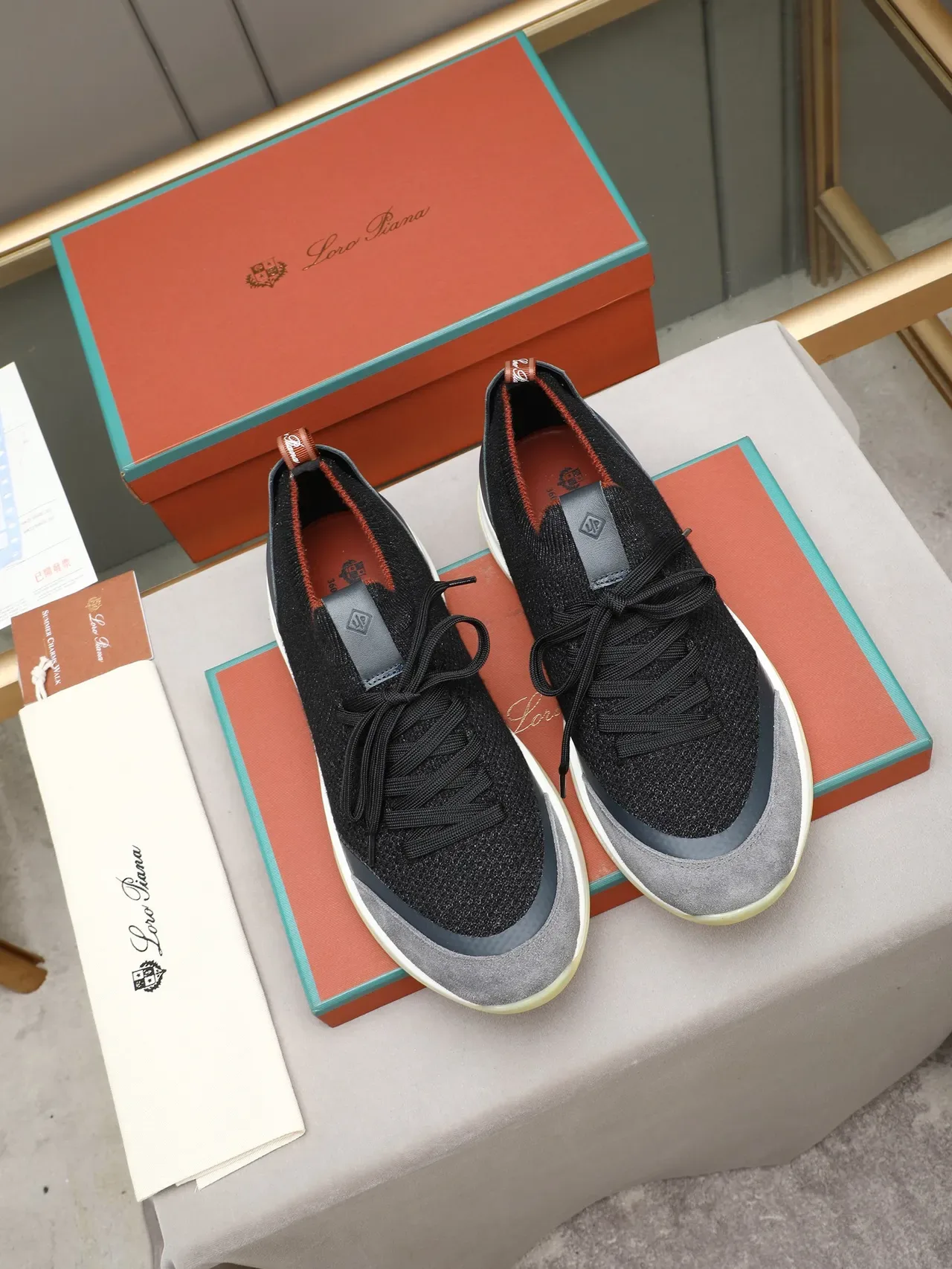 Loro Piana حذاء رياضي أسود رمادي أعلى منسوج طبقي جلد/سويدي تغطيات 2