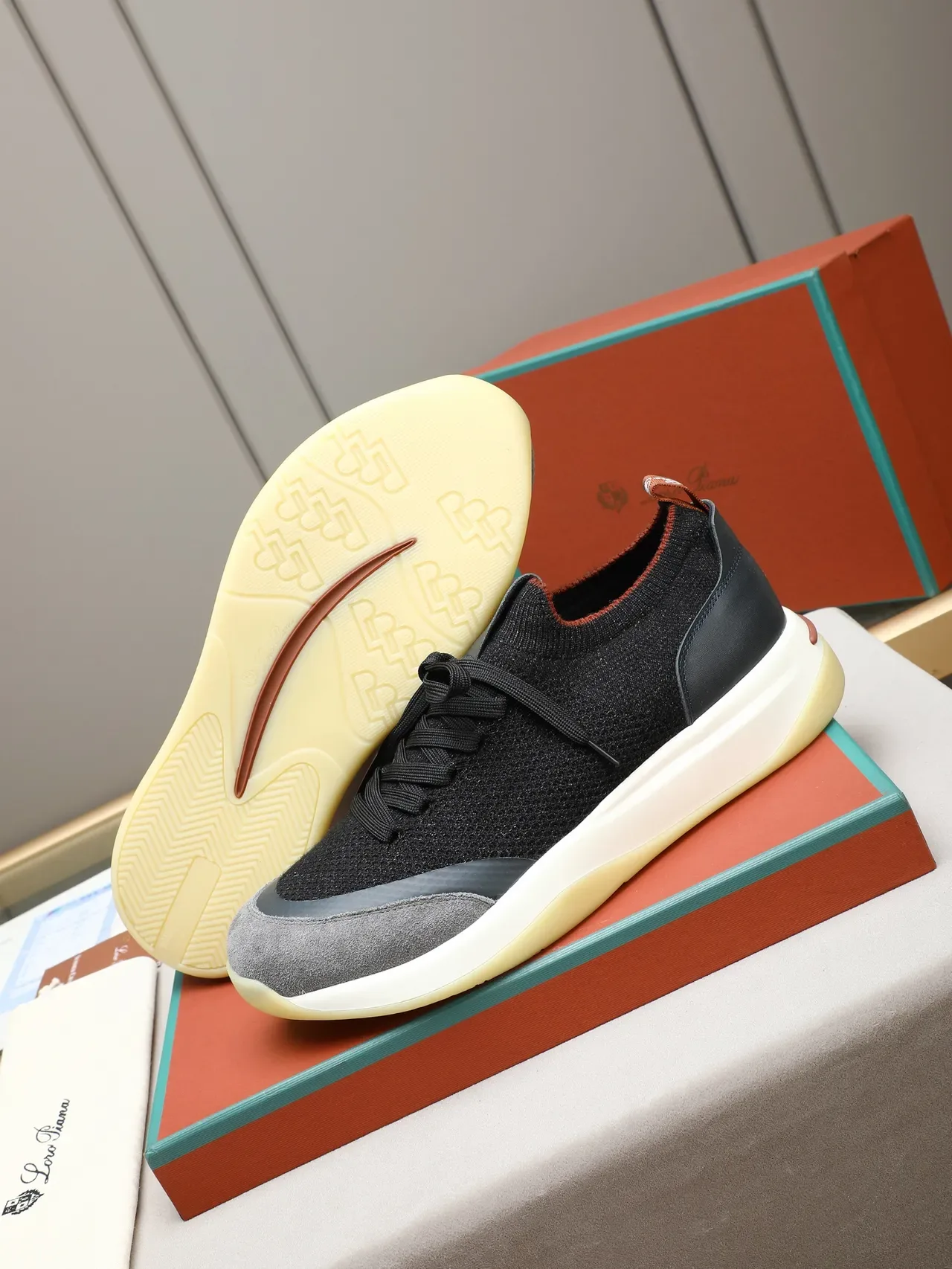 Loro Piana حذاء رياضي أسود رمادي أعلى منسوج طبقي جلد/سويدي تغطيات 4