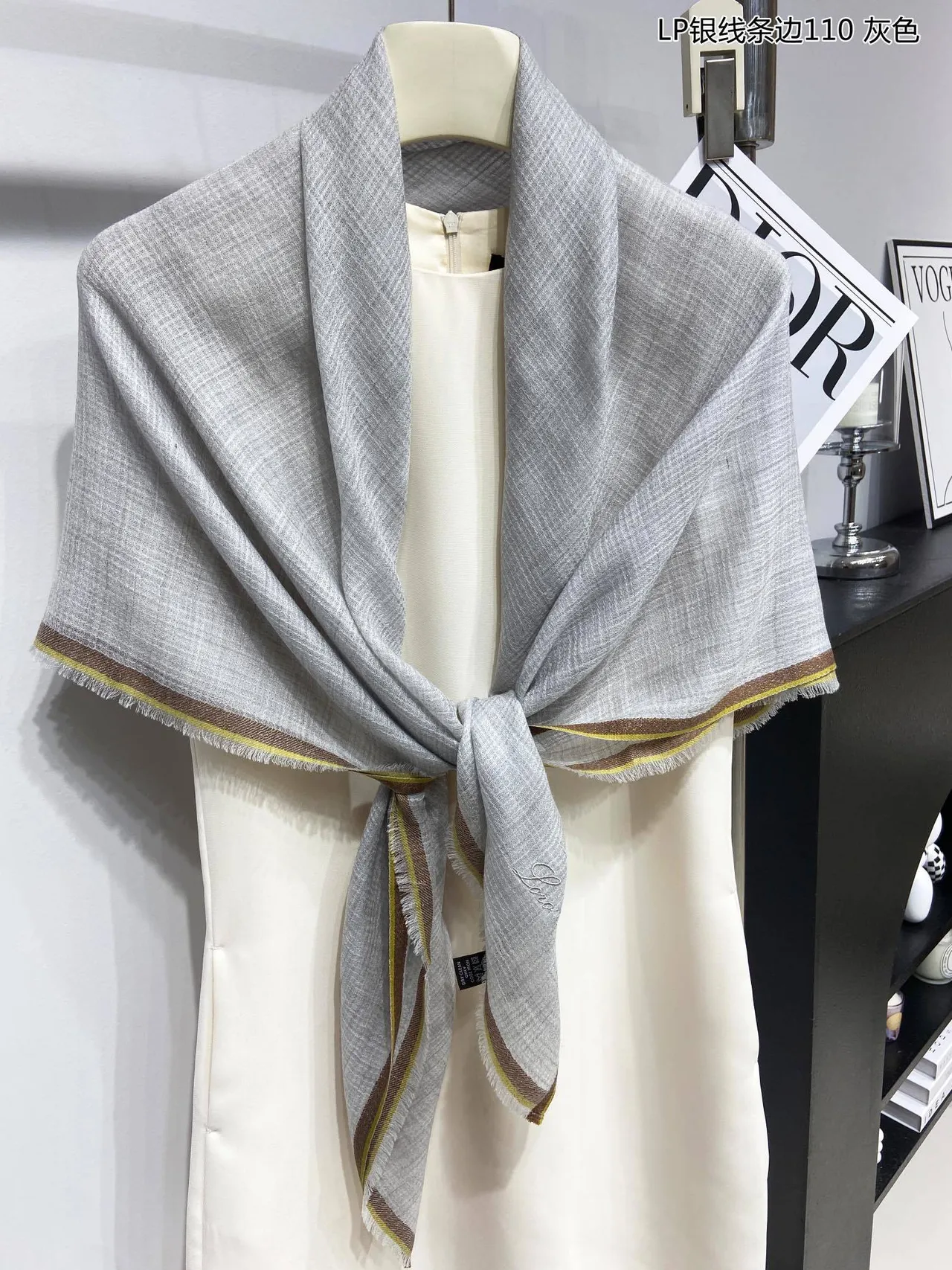 Loro Piana Gray Gold Lightweight Weave Embroidered Brand Script Cashmere Scarf 5