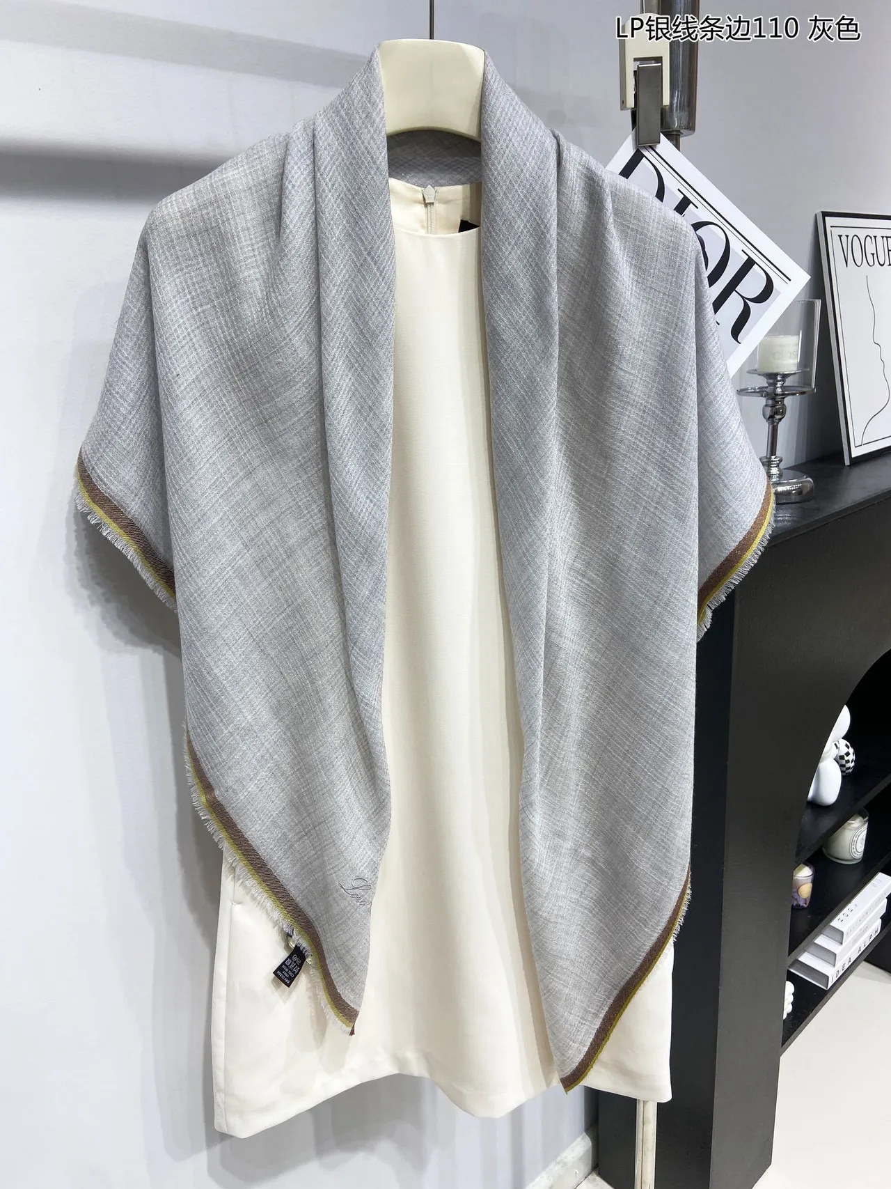 Loro Piana Gray Gold Lightweight Weave Embroidered Brand Script Cashmere Scarf 8