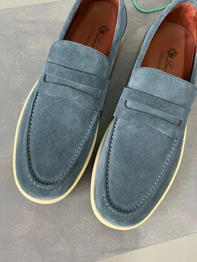 Loro Piana Penny Loafer Blue Beige Suede Upper Strap Loafer 6