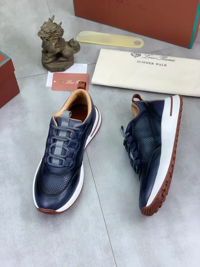 Loro Piana Summer Walk Navy Couro Perfurado Sneakers Lifestyle 5