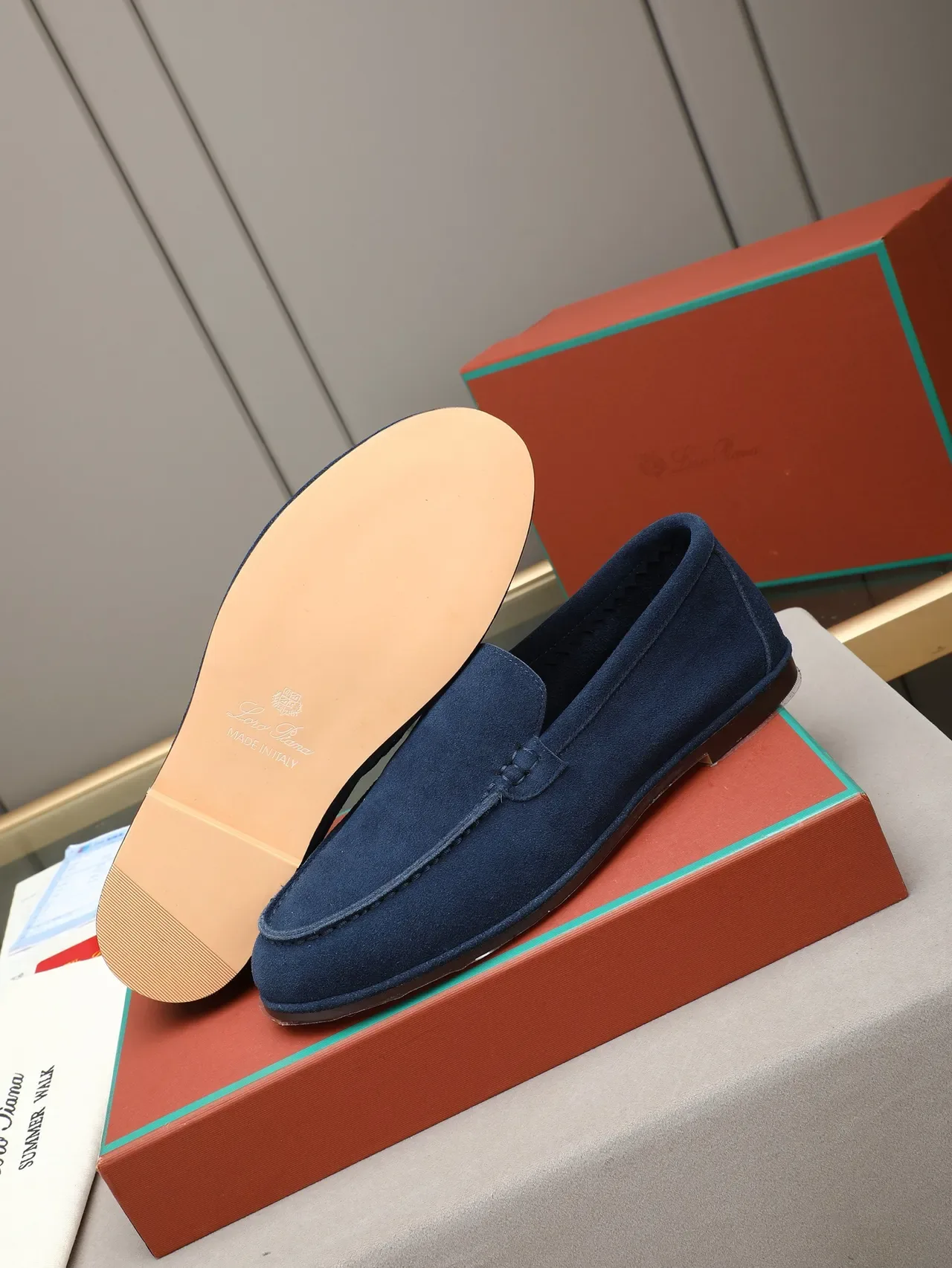 Loro Piana Summer Walk Mocassim Penny Camurça Marinho 4
