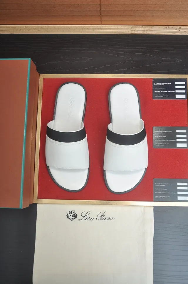 Loro Piana White Black Minimalist Two-Strap Slippers 2