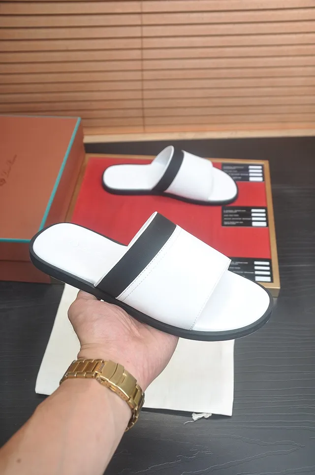 Loro Piana White Black Minimalist Two-Strap Slippers 3