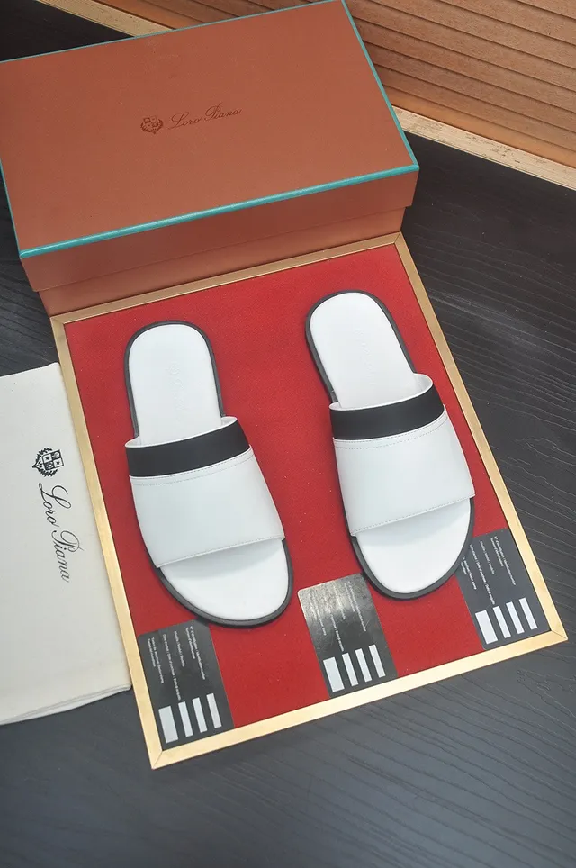 Loro Piana White Black Minimalist Two-Strap Slippers 4