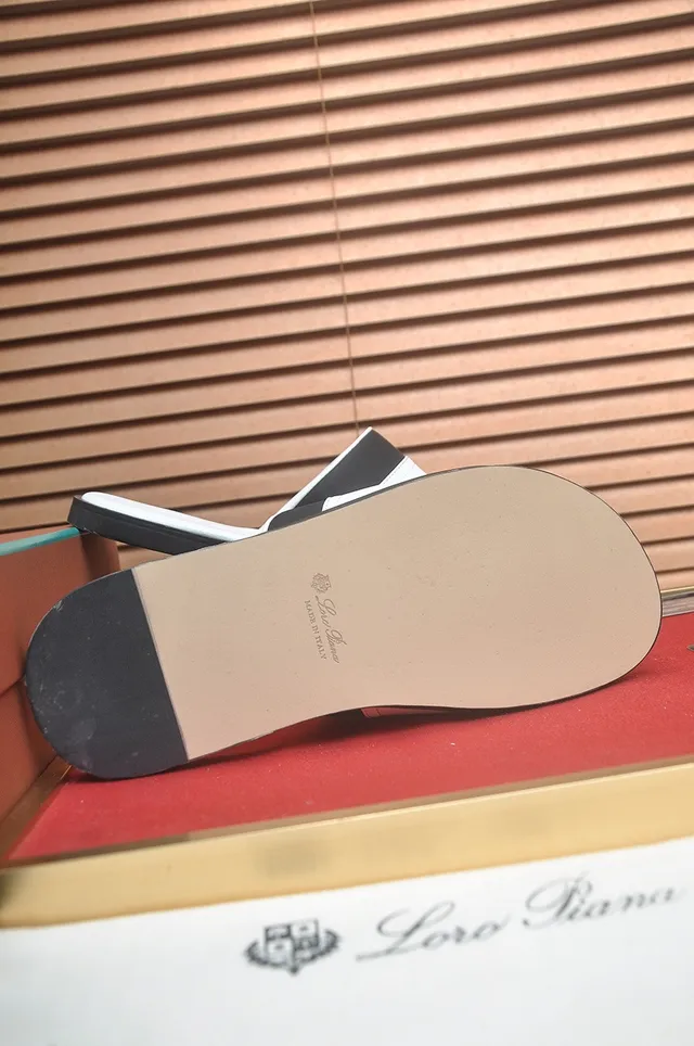 Loro Piana White Black Minimalist Two-Strap Slippers 8