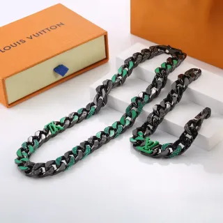 Louis Vuitton Colar Corrente Grossa Preto e Verde Esmaltado com Logo LV