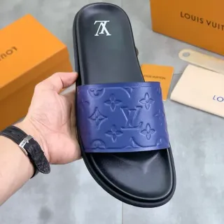 Louis Vuitton أسود أزرق Monogram-embossed حزام قاعدة مطاطية مبطنة صنادل