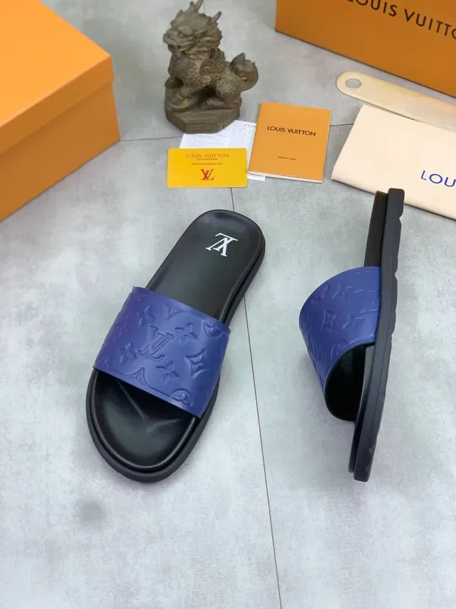 Louis Vuitton Black Blue Monogram-Embossed Strap Molded Rubber Sole Slippers 4