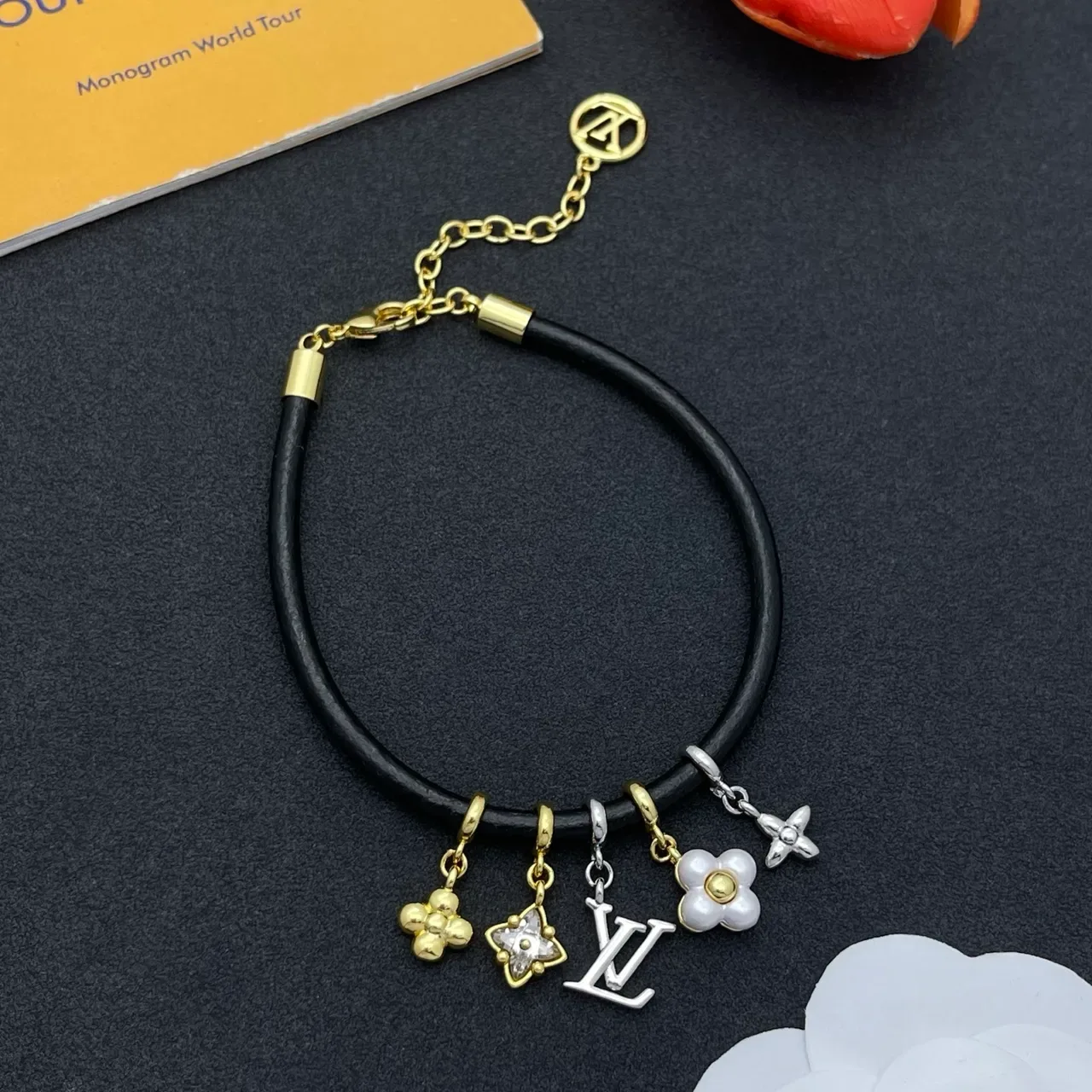 Louis Vuitton Black Gold Cord Multi-Charm Bracelet 8