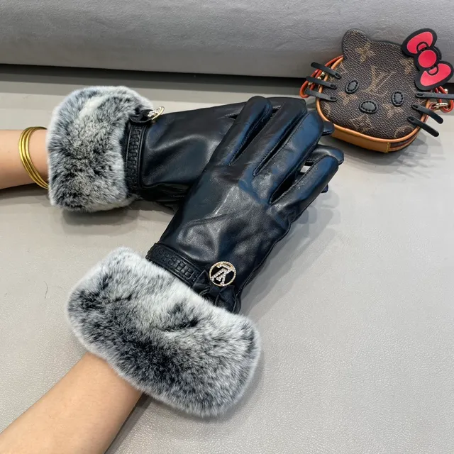 Louis Vuitton Guantes de cuero con puño de piel gris y negro suave 2