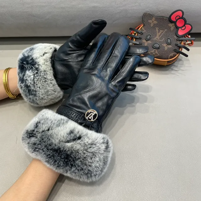 Louis Vuitton Guantes de cuero con puño de piel gris y negro suave 4