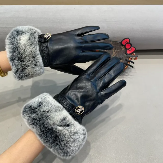 Louis Vuitton Guantes de cuero con puño de piel gris y negro suave 5