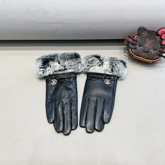 Louis Vuitton Guantes de cuero con puño de piel gris y negro suave 6