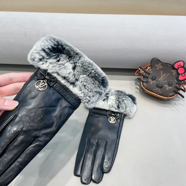 Louis Vuitton Guantes de cuero con puño de piel gris y negro suave 7