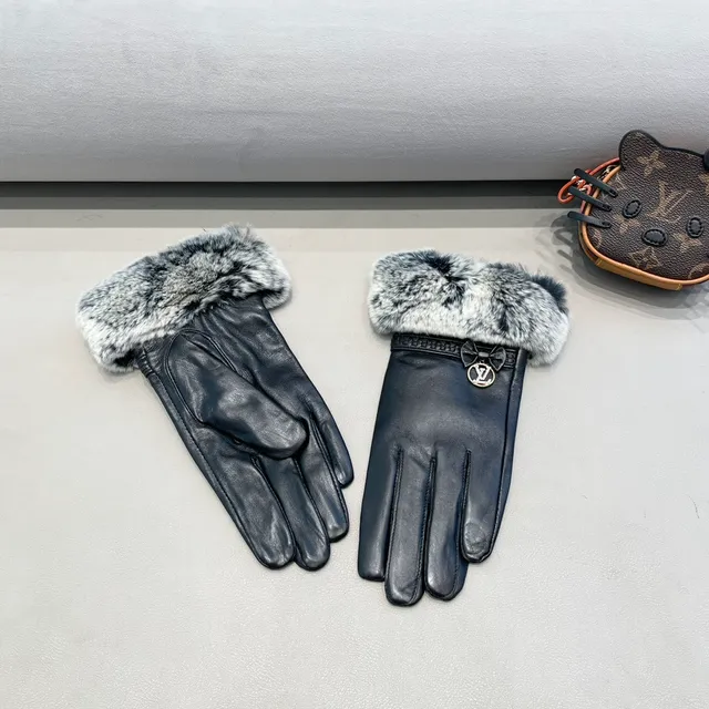 Louis Vuitton Guantes de cuero con puño de piel gris y negro suave 8