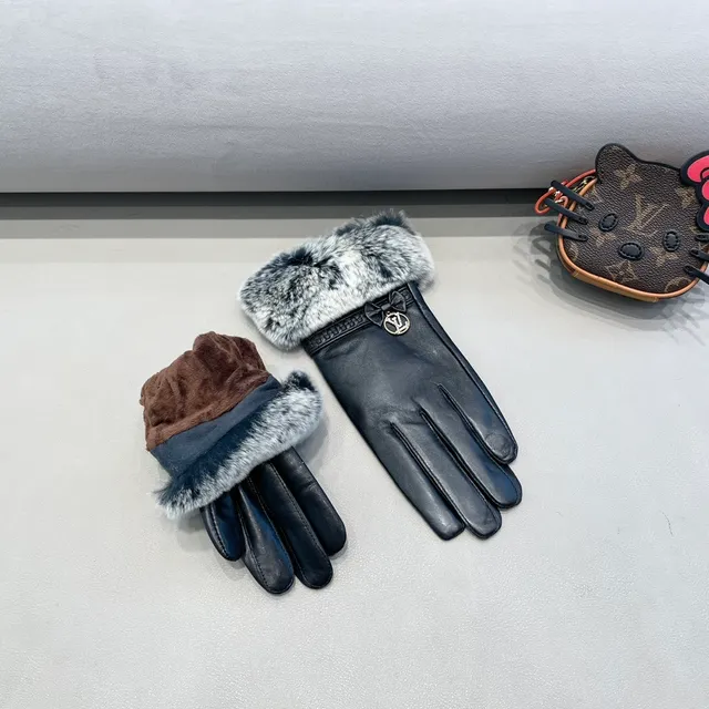 Louis Vuitton Guantes de cuero con puño de piel gris y negro suave 9