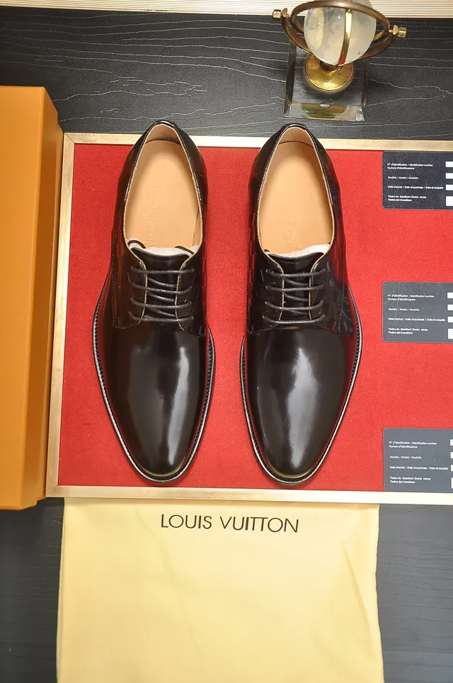Louis Vuitton أحذية أكسفورد سوداء جلد لامع Damier منسوج كاب تو 5