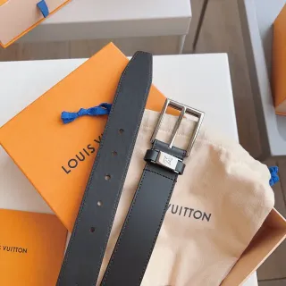 Louis Vuitton काली चांदी चिकनी आयताकार बकला चमड़े का बेल्ट