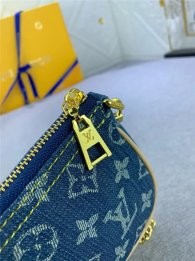 Louis Vuitton Bolso con correa de cadena Monogram de denim azul dorado 5