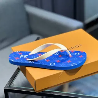 Louis Vuitton Blue White Monogram-Printed Sole Thong Strap Slippers