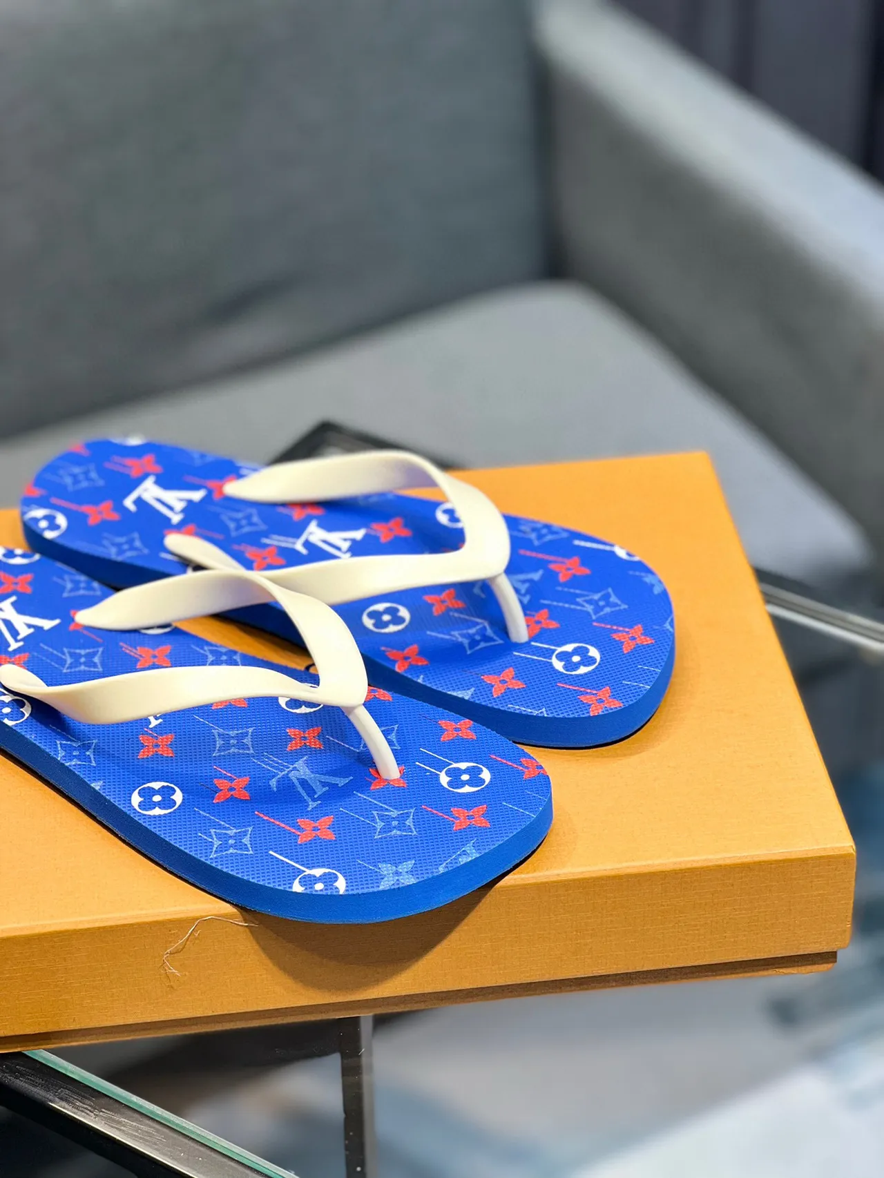 Louis Vuitton Blue White Monogram-Printed Sole Thong Strap Slippers 9