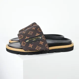 Louis Vuitton Brown Beige Monogram Canvas Strap Black Footbed Slippers