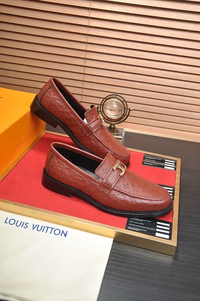 Louis Vuitton Brown Black Monogram-Embossed Leather Gold-Tone LV Buckle Strap Loafer 4