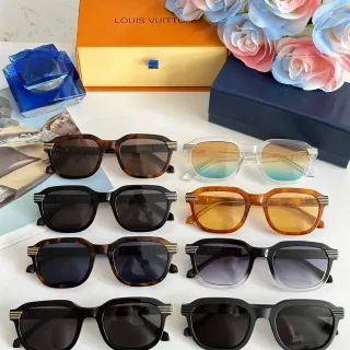 Louis Vuitton نظارات شمسية إطار مستطيل أسيتات بني أسود إكسسوارات معبد شرائط ثلاثة