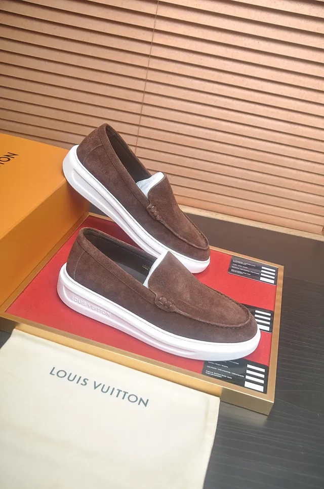 Louis Vuitton Marron Blanc Daim Supérieur Moc-Toe Couture Mocassin 6
