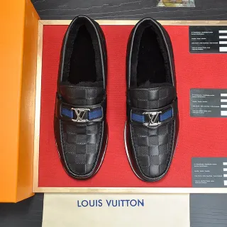 Louis Vuitton Damier Check Loafer কালো নীল চামড়া শিয়ারলিং লাইন্ড Loafer