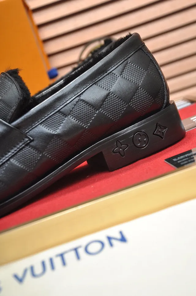 Louis Vuitton Damier Check Loafer Black Blue Leather Shearling-Lined Loafer 3