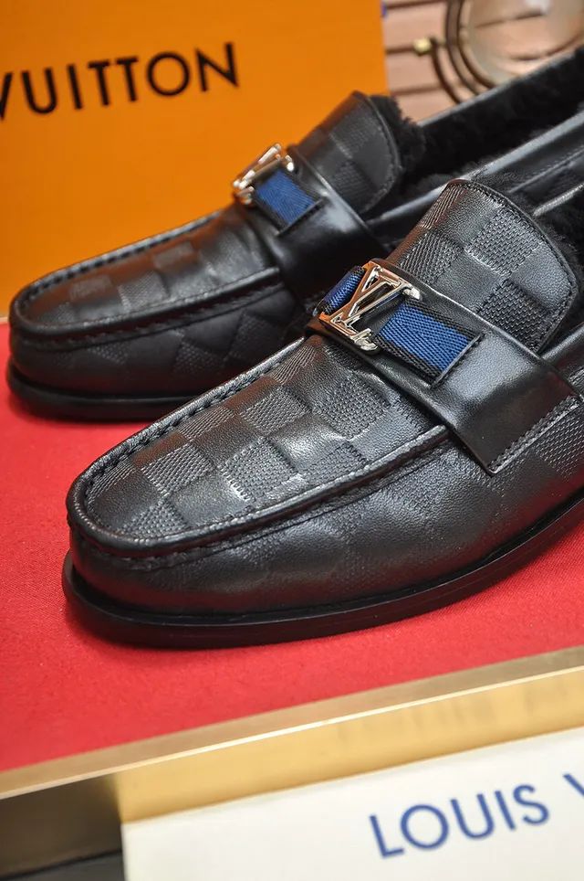 Louis Vuitton Damier Check Loafer Black Blue Leather Shearling-Lined Loafer 4