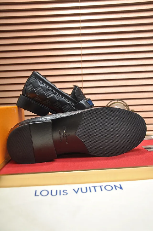 Louis Vuitton Damier Check Loafer Black Blue Leather Shearling-Lined Loafer 5