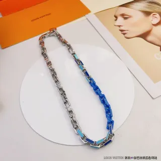 Louis Vuitton Colar Esmaltado Corrente Cuban Link Azul e Prata