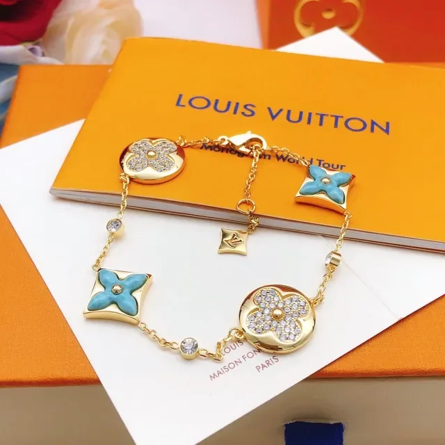 Louis Vuitton Flower Motif Gold-Tone Turquoise Enamel Crystal Bracelet 3
