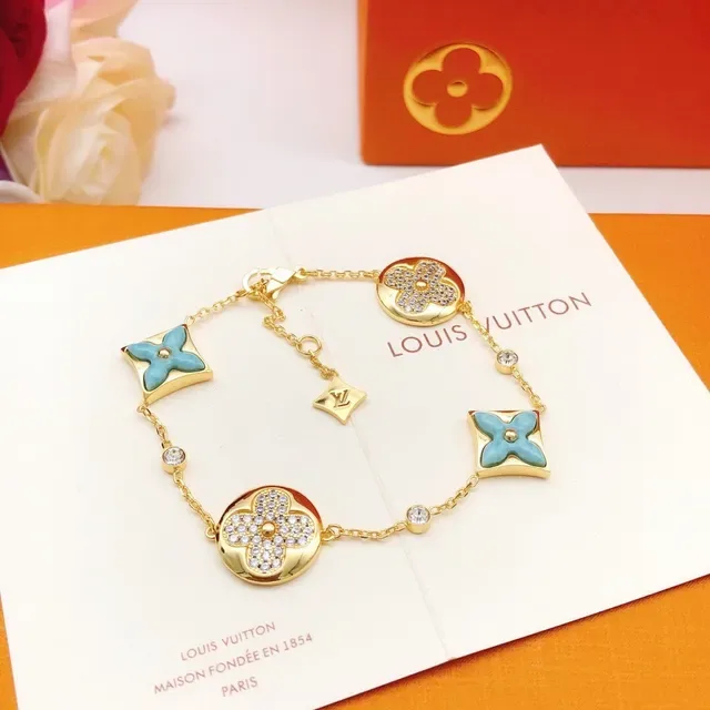 Louis Vuitton Flower Motif Gold-Tone Turquoise Enamel Crystal Bracelet 4