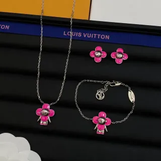 Colar Corrente Pingente Floral Motivo Floral Rosa Prata Esmaltado Louis Vuitton