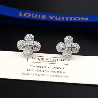 Louis Vuitton أقراط زهرة فضية وحمراء مرصعة بالكريستال أربع بتلات نقش زهري
