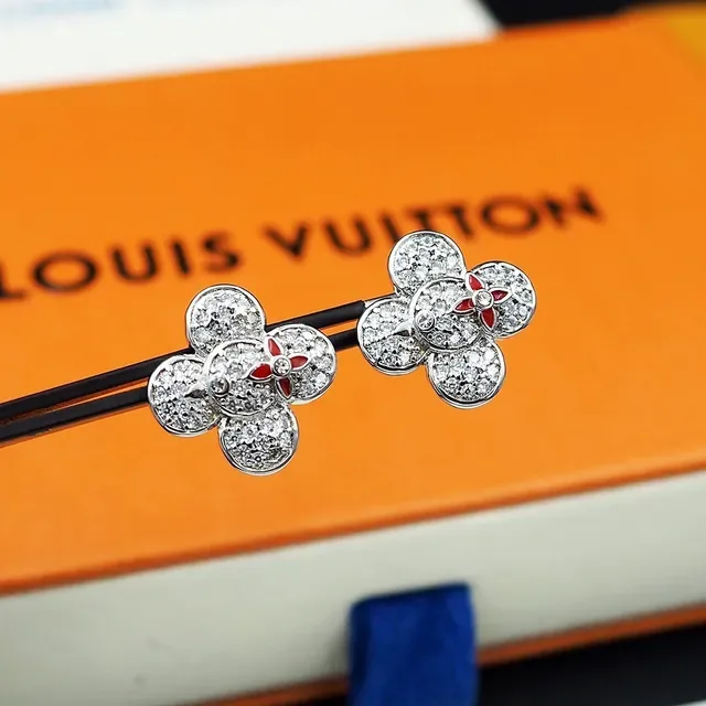 Louis Vuitton Flower Silver Red Pavé-Set Crystal Four-Petal Floral Motif Earrings 4