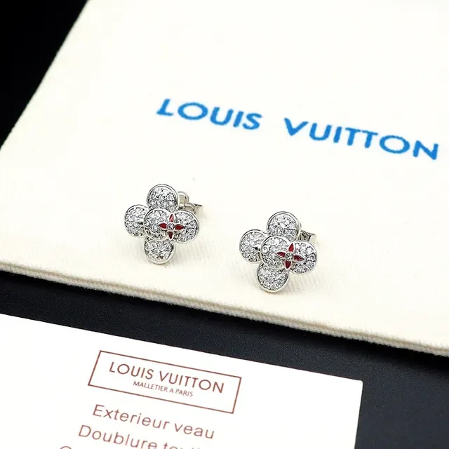 Louis Vuitton Flower Silver Red Pavé-Set Crystal Four-Petal Floral Motif Earrings 5