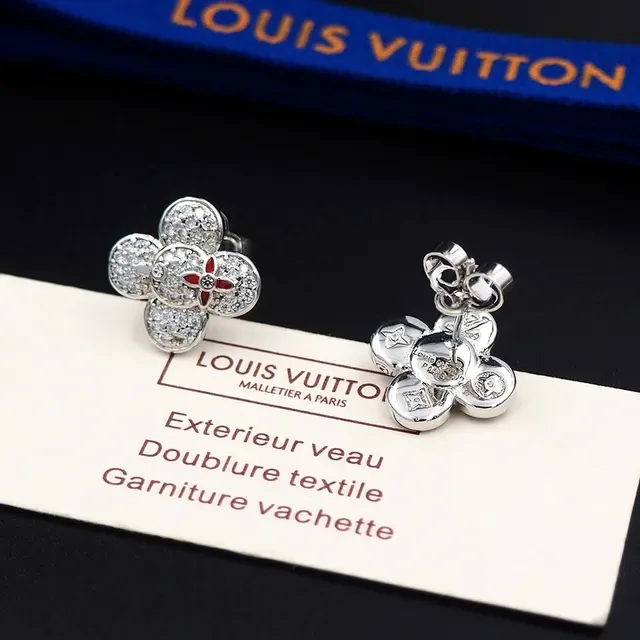 Louis Vuitton Flower Silver Red Pavé-Set Crystal Four-Petal Floral Motif Earrings 8