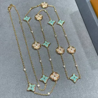 Colar Louis Vuitton Corrente Dourada Azul Esmalte Turquesa Quatro Folhas