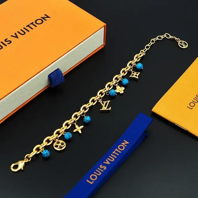 Louis Vuitton Gold Blue Chunky Curb Chain Turquoise Bead Charms Bracelet 2