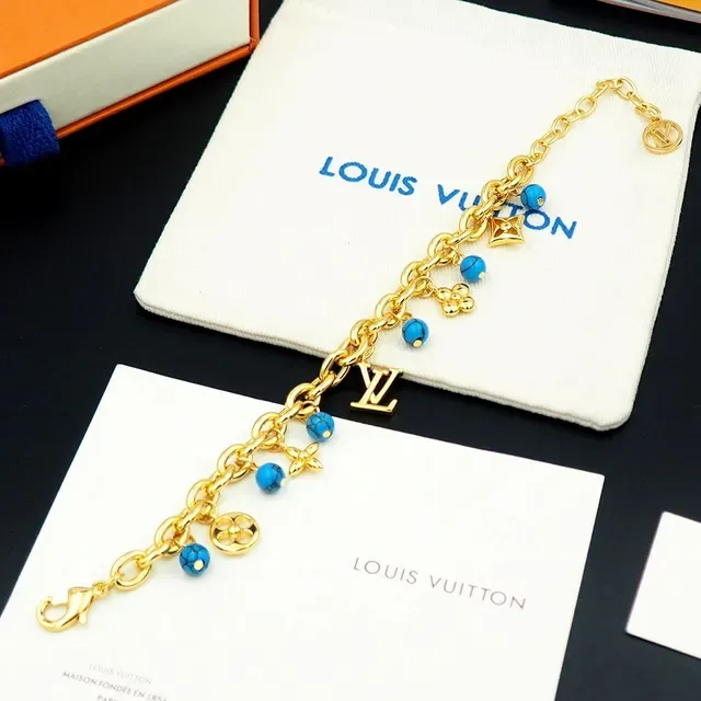 Louis Vuitton Gold Blue Chunky Curb Chain Turquoise Bead Charms Bracelet 7