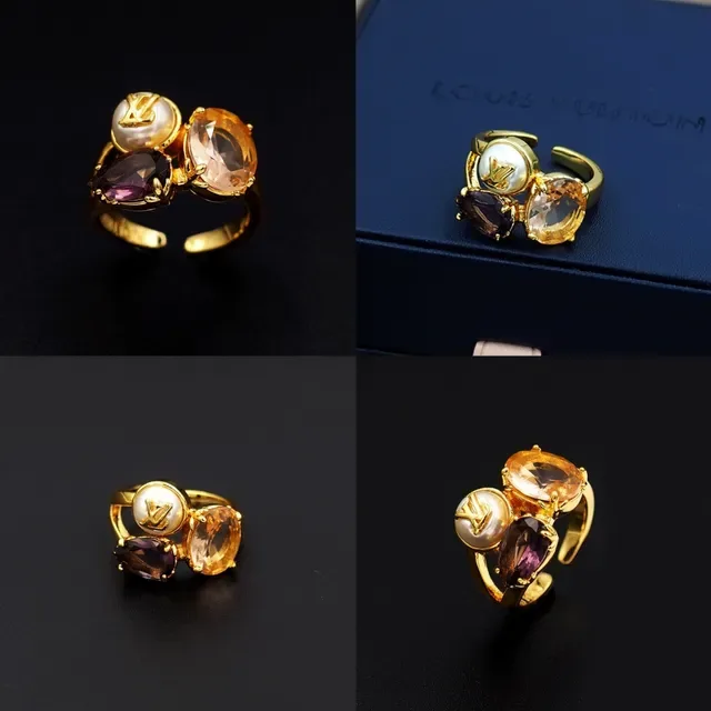 Louis Vuitton Anillo de Oro y Plata Triple Piedras Cluster LV Monograma Perla Cabochon 7