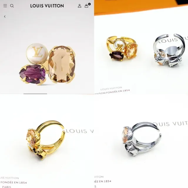 Louis Vuitton Anillo de Oro y Plata Triple Piedras Cluster LV Monograma Perla Cabochon 9