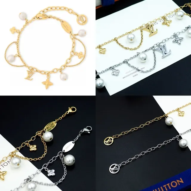 Louis Vuitton Bracelete de Corrente com Pérolas e Charms Dourados 12