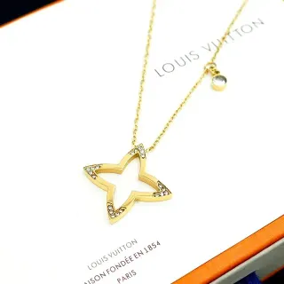 Colar Louis Vuitton Pendente Estrela Aberta Transparente Dourado com Acentos de Cristal Pavé